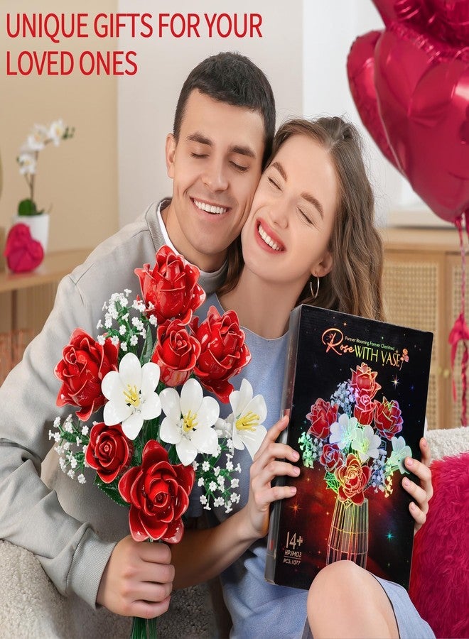 Qinline Rose Flowers Bouquet Building Set with Vase Included, 1077 PCS Artificial Flowers Botanical Collection Kit for Adults Women Men & Teen Girl, Gifts for Birthday Valentine's Day Mom Her Wife Girlfriend - Image 2
